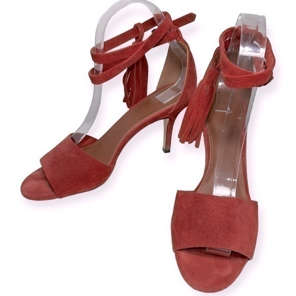 Yvonne Kone Women’s Size 38 7.5 Red Suede Wrap Tassel Ankle Open Toe Pumps Heels - Picture 1 of 12